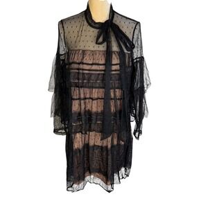 Gianni Bini Black Sheer Lace Tiered Ruffle Tie Neck Miranda Dress New
